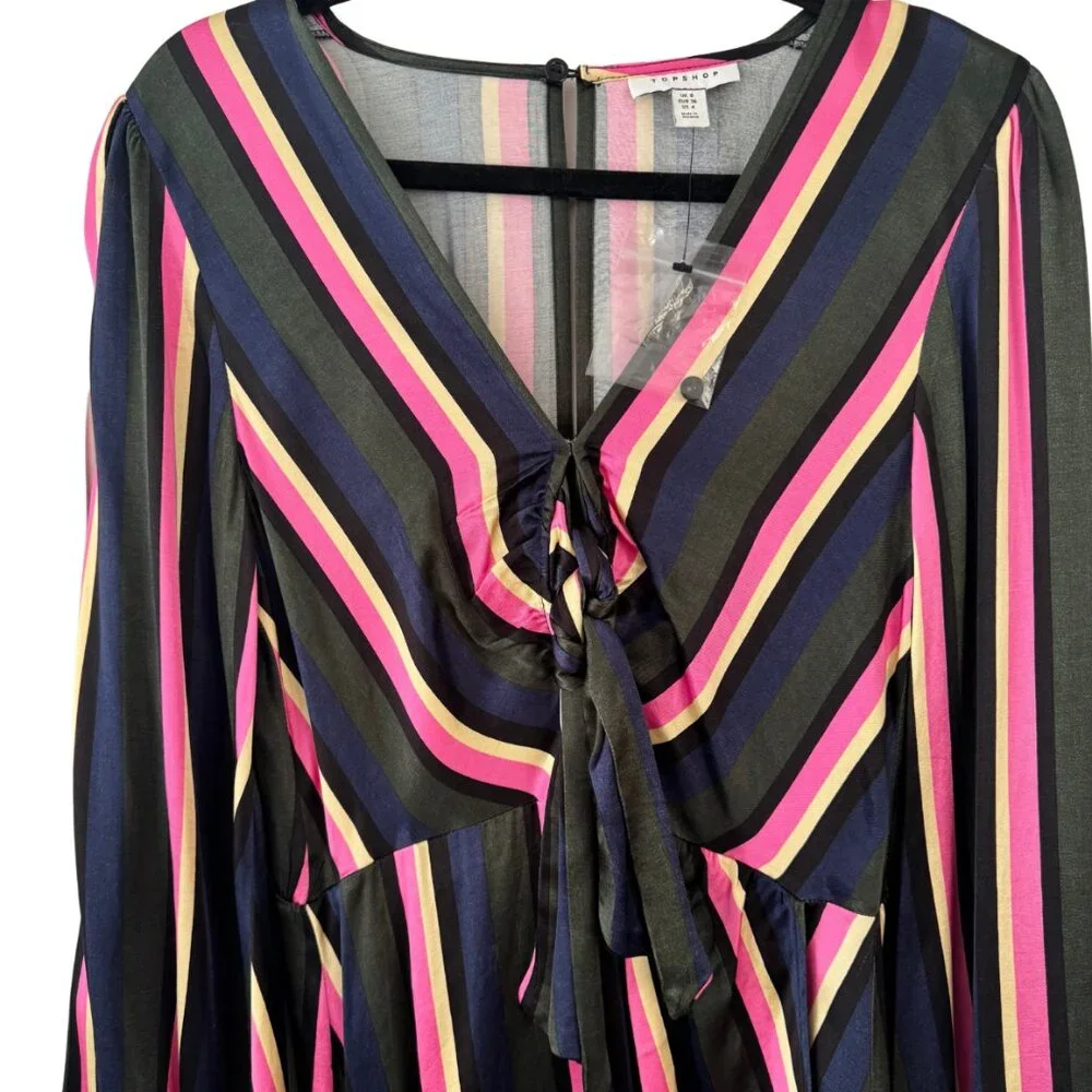 NWOT Topshop Striped Tie-Front Mini Dress Bell Sleeve Surplice V-Neck Size 4 - Picture 8 of 11